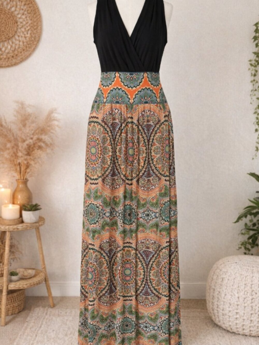 London Style Multicolor Maxi Dress Size 8 Boho Festival Mandala Mixed Print